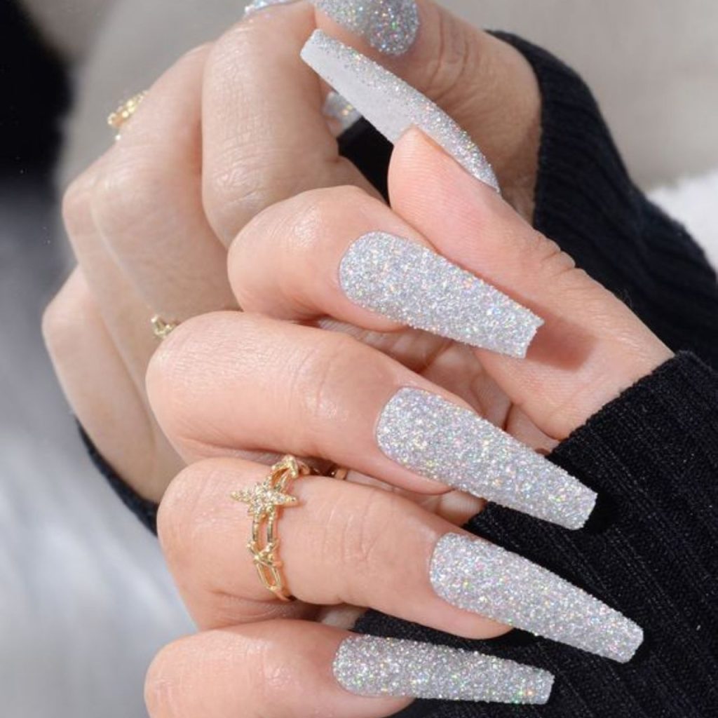 Long Glitter Nails in White