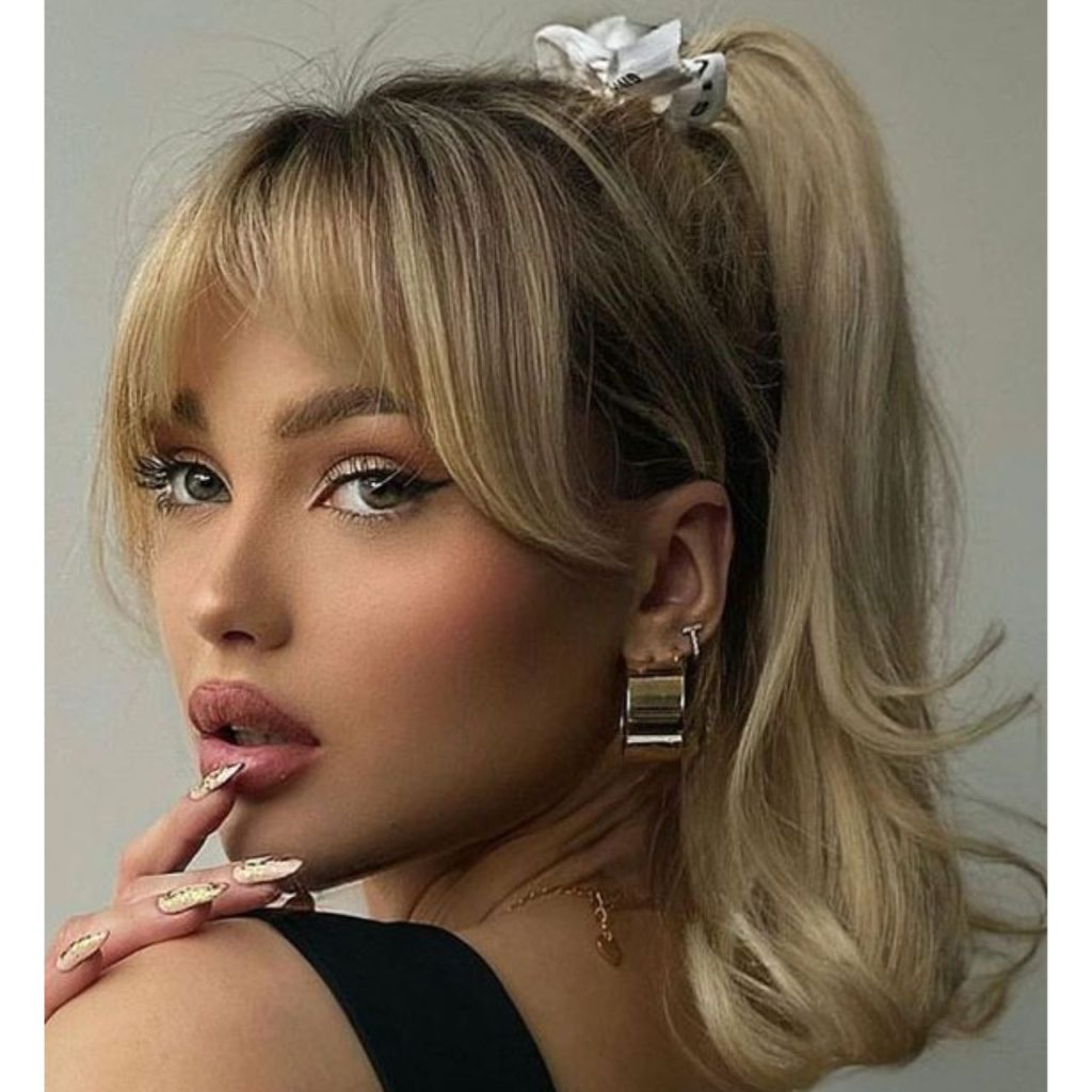 Curtain Bangs Hairstyle for a One-Shoulder Dress 