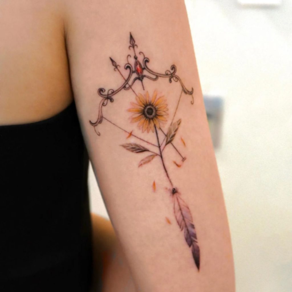 Powerful archery arrow sunflower tattoo