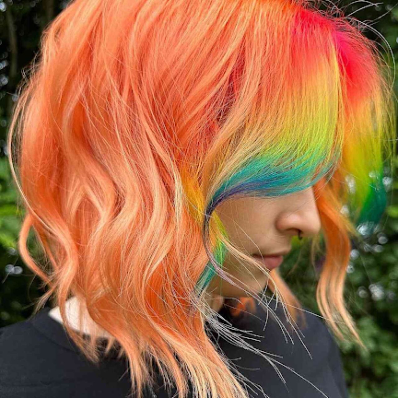 Rainbow bangs with burnt orange hair color