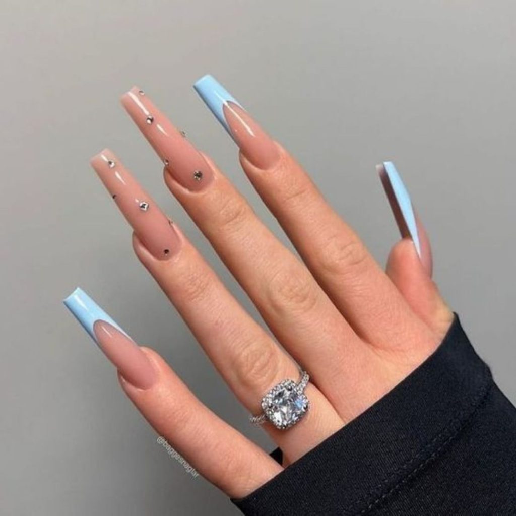 Sky Blue French Tip With A Silver And White Diamond Design