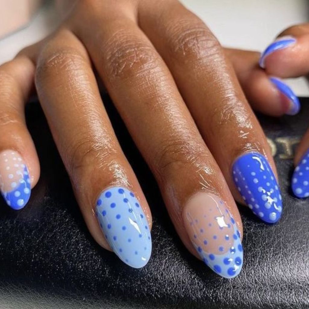 Sky Blue French Tip 1.5 Nails With A White Polka Dot Design