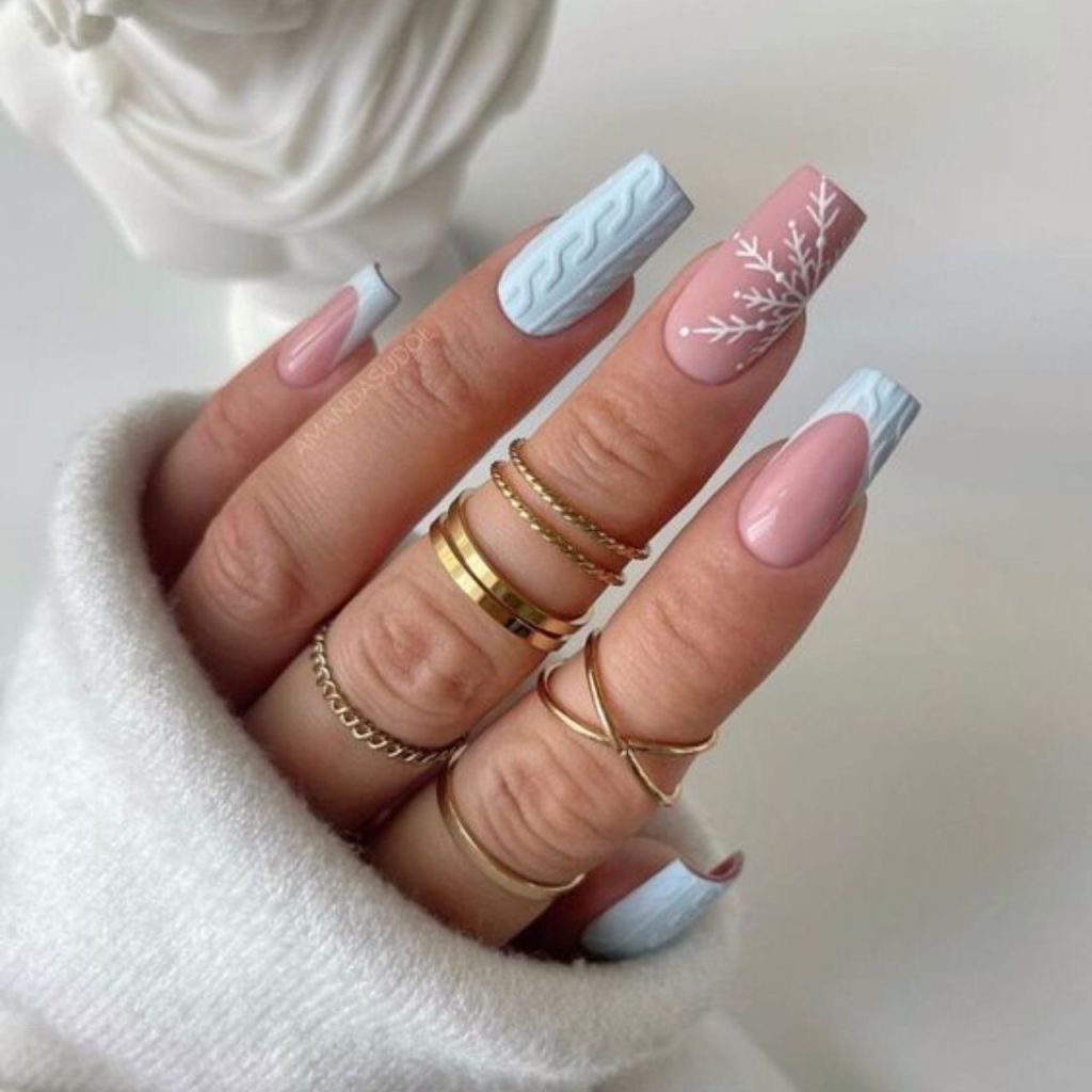 Sky Blue French Tip With A Silver Chevron Design