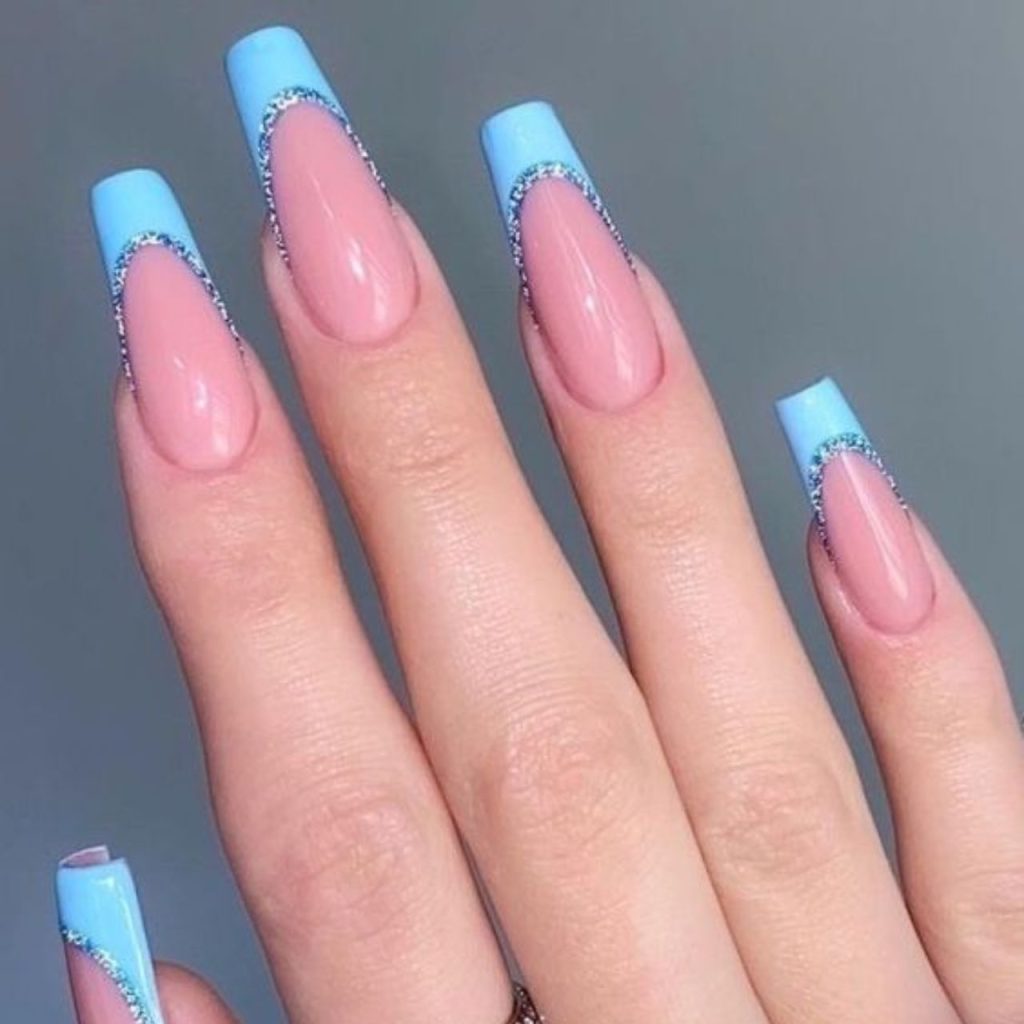 Sky Blue French Tip With A Silver Glitter French Tip