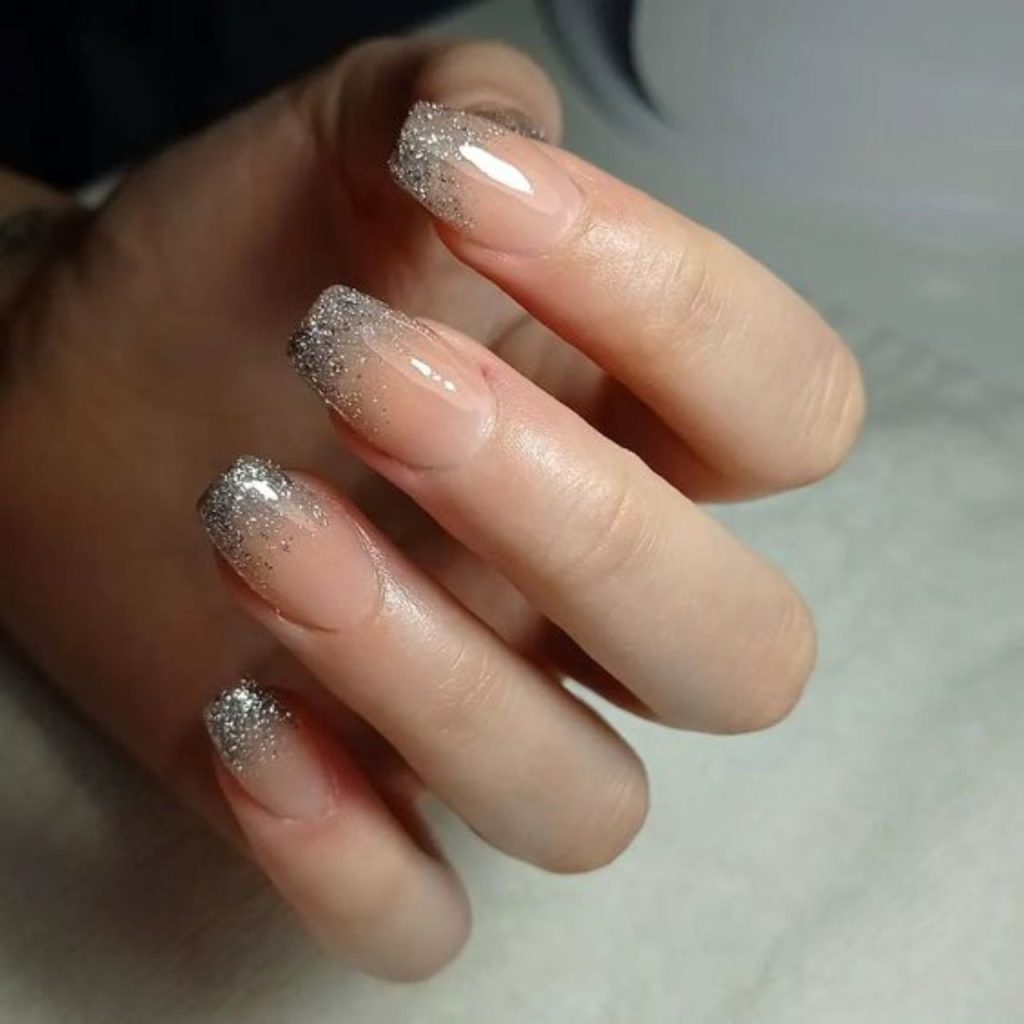 Sky Blue French Tip With A Silver Glitter Gradient