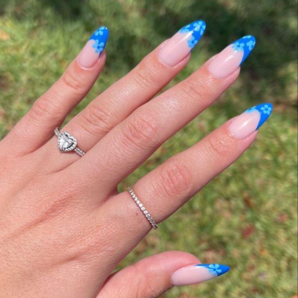 Sky Blue French Tip With Delicate Floral Designs