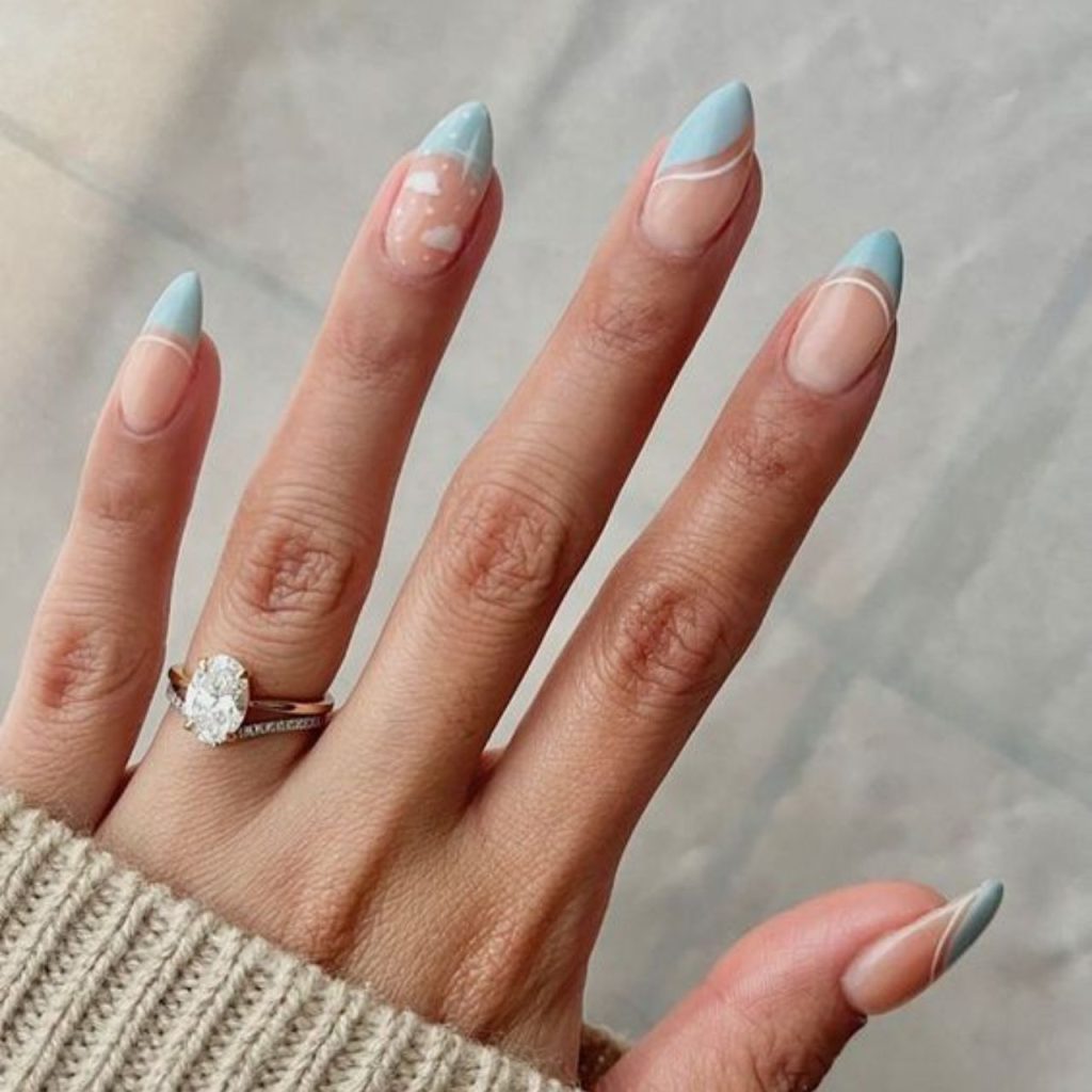 Sky Blue French Tip With Silver Stripes