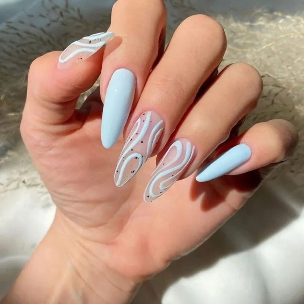 Sky Blue French Tip With A White And Silver Glitter Wave Design