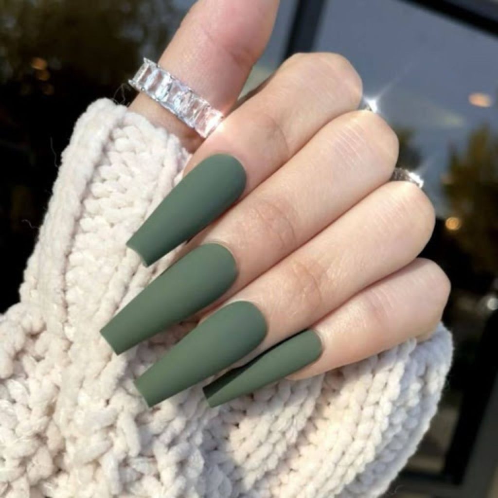 All Green Matte Olive Nails for Gorgeous Look