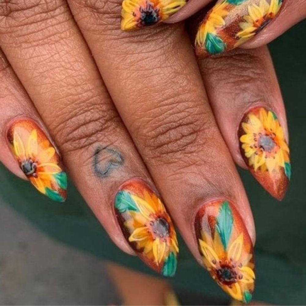 Almond Sunflower Nail Designs for Stylish Look 2024