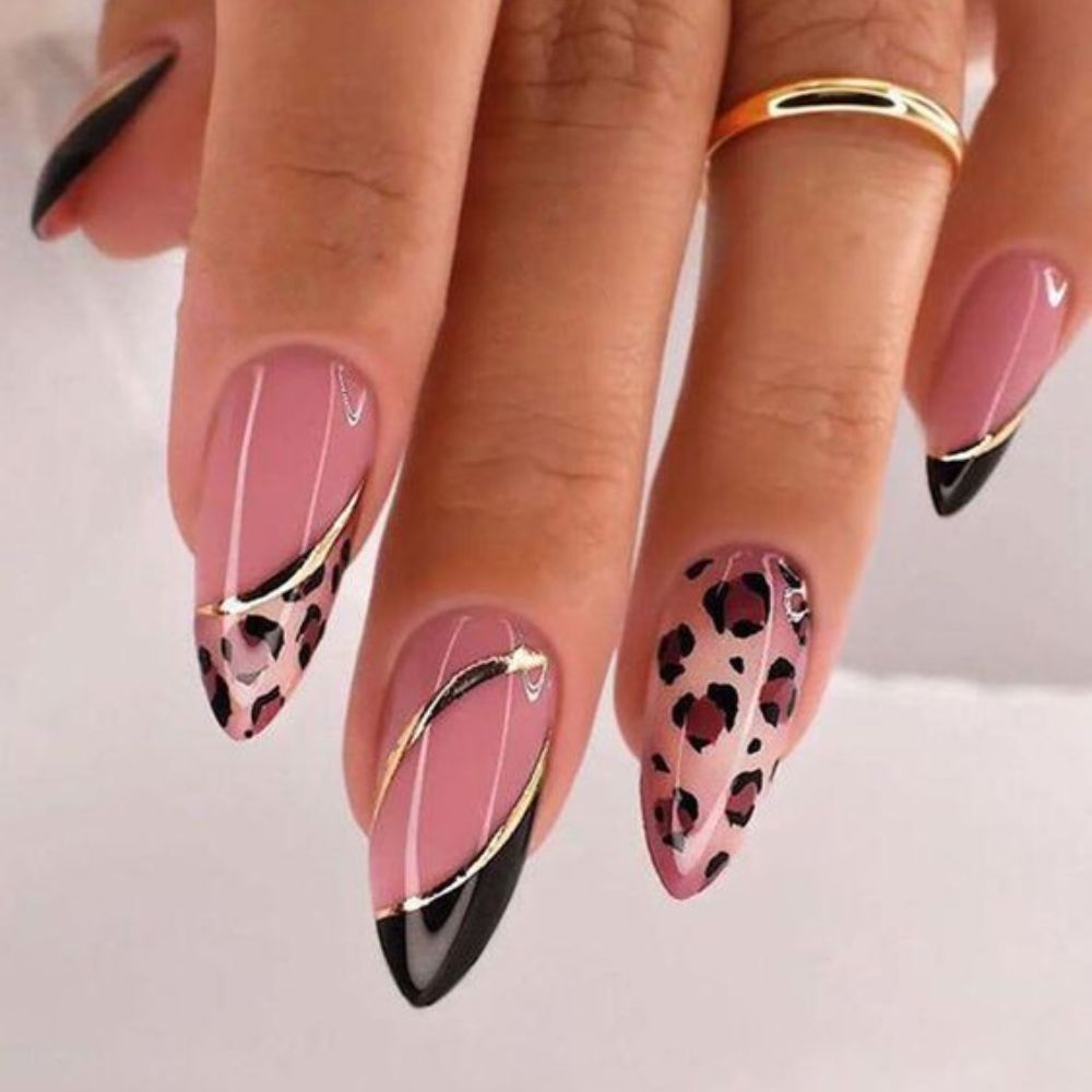 Animal Print Black and Pink Nails for Galm Look