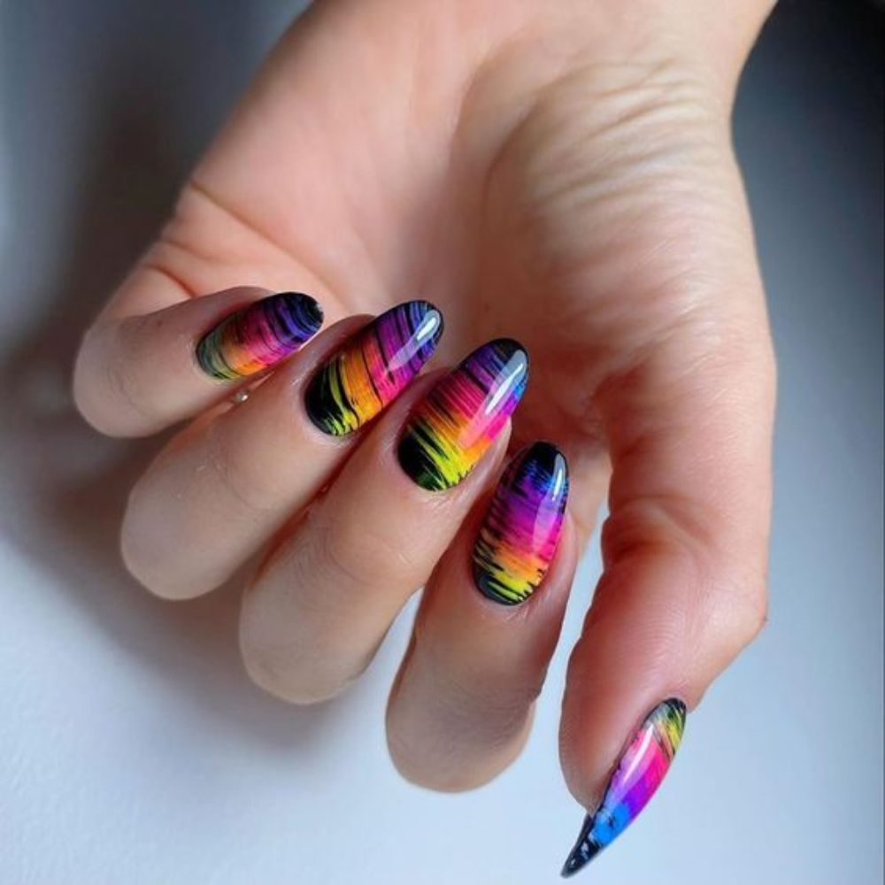 Black And Rainbow Coffin Nails For Elegant Look