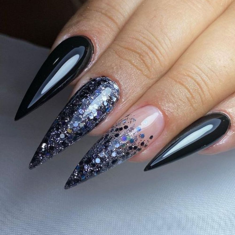 Black And Glitter Coffin Nails For Elegant Look