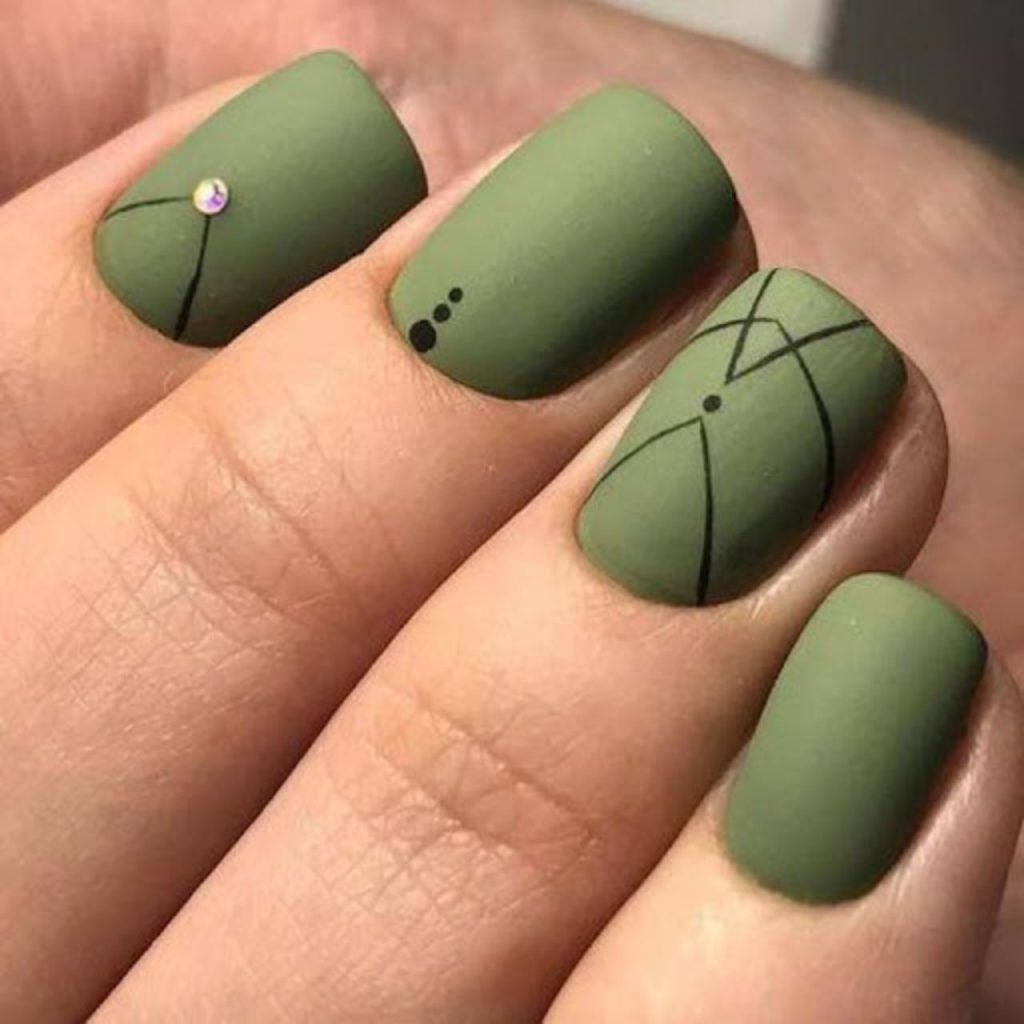 Chic Lines Green Matte Olive Nails for Gorgeous Look