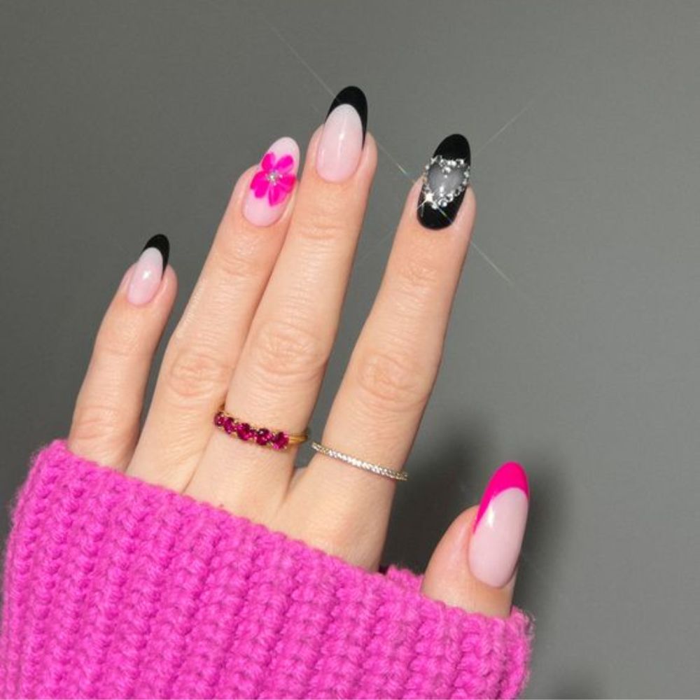 French Tip Black and Pink Nails for Galm Look