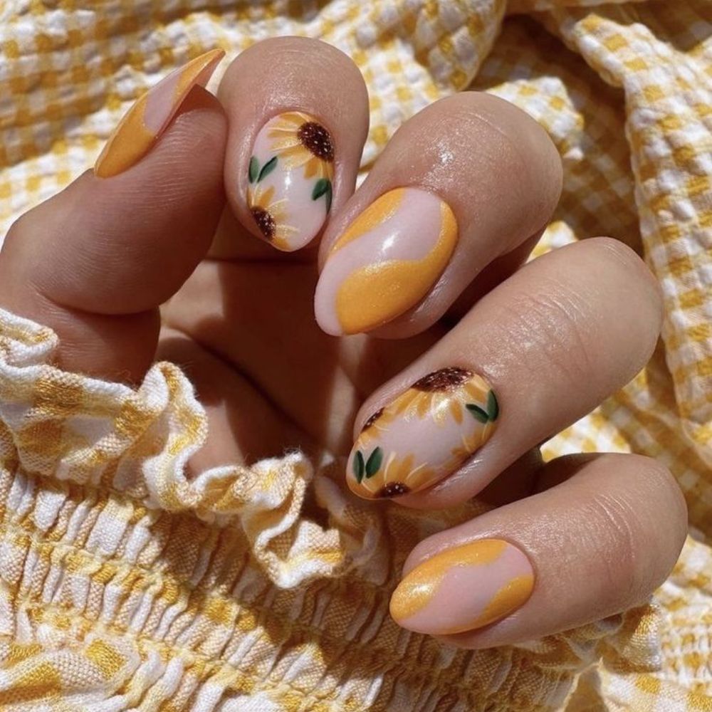 Golden Sunflower Nail Designs for Stylish Look 2024