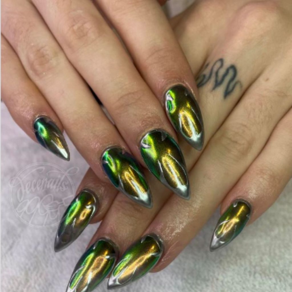 Greenish Metallic Chrome Nails