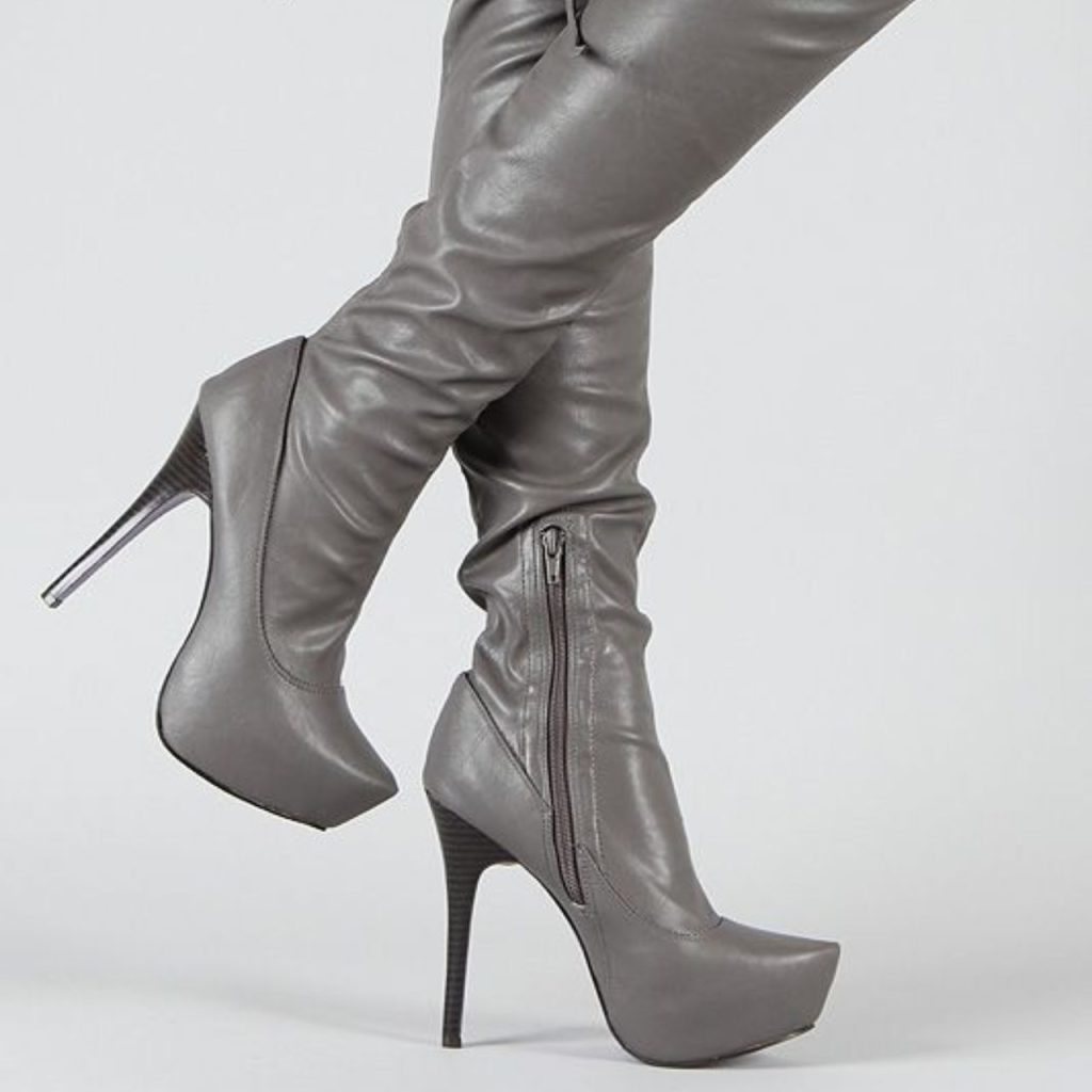 Grey Leather Thigh High Boots with a Block Heel 