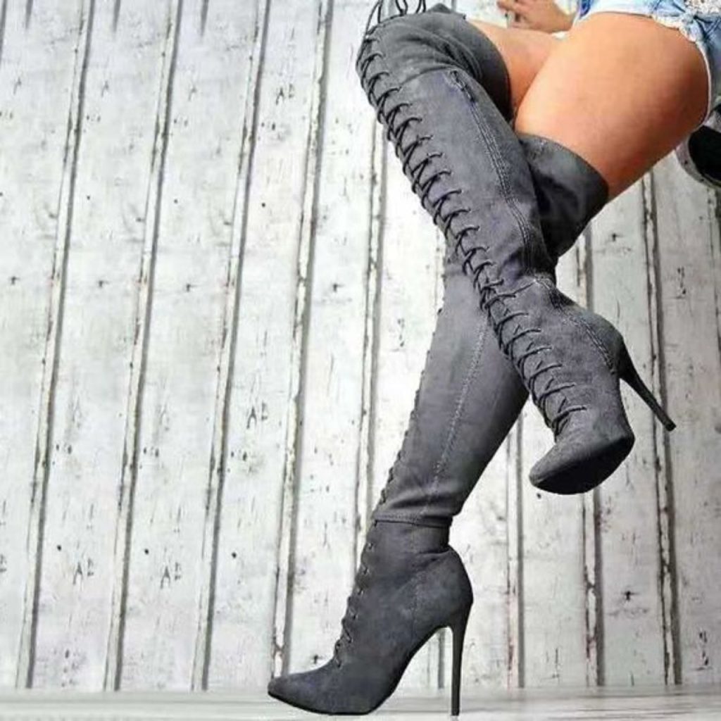 Grey Suede Thigh High Boots with a Block Heel 