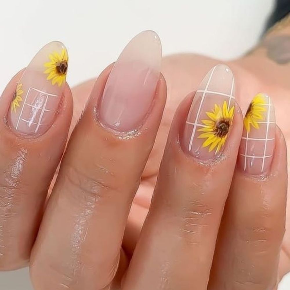 Grids Sunflower Nail Designs for Stylish Look 2024