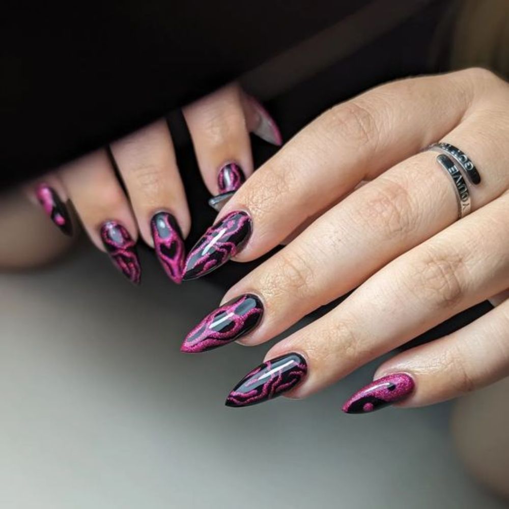 Marble Black and Pink Nails for Galm Look