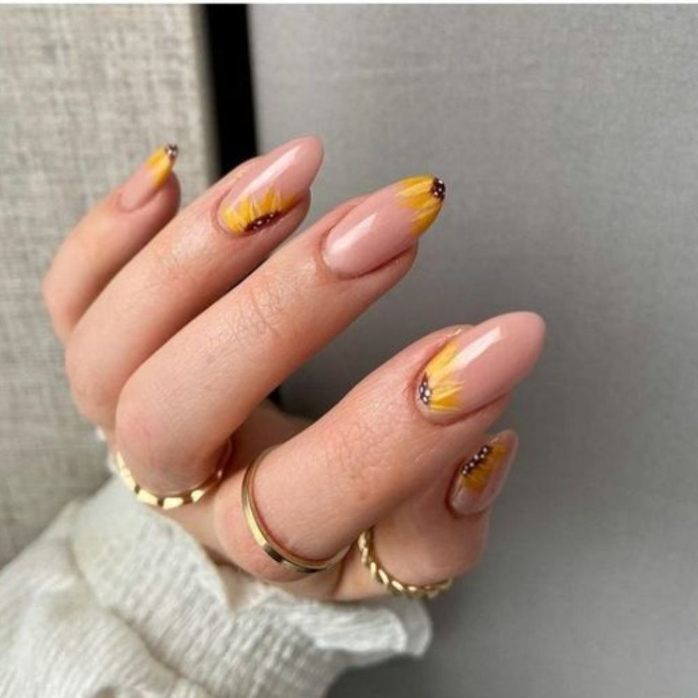 Nude Sunflower Nail Designs for Stylish Look 2024