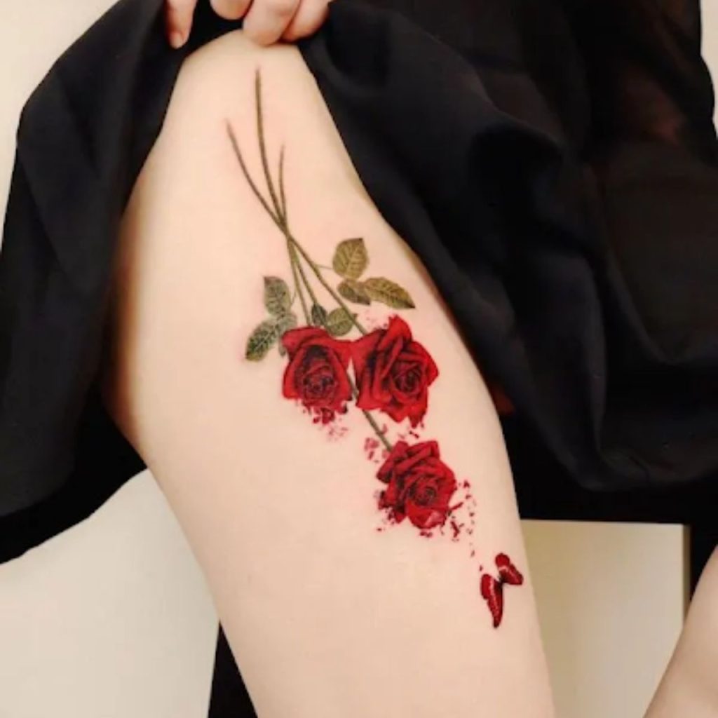 Red Rose Thigh Tattoos for women for bold look