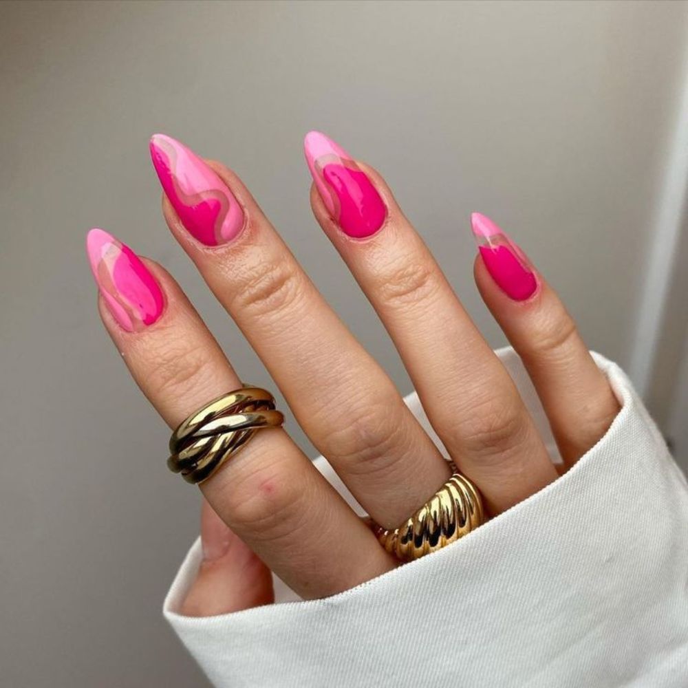 Satin Black and Pink Nails for Galm Look
