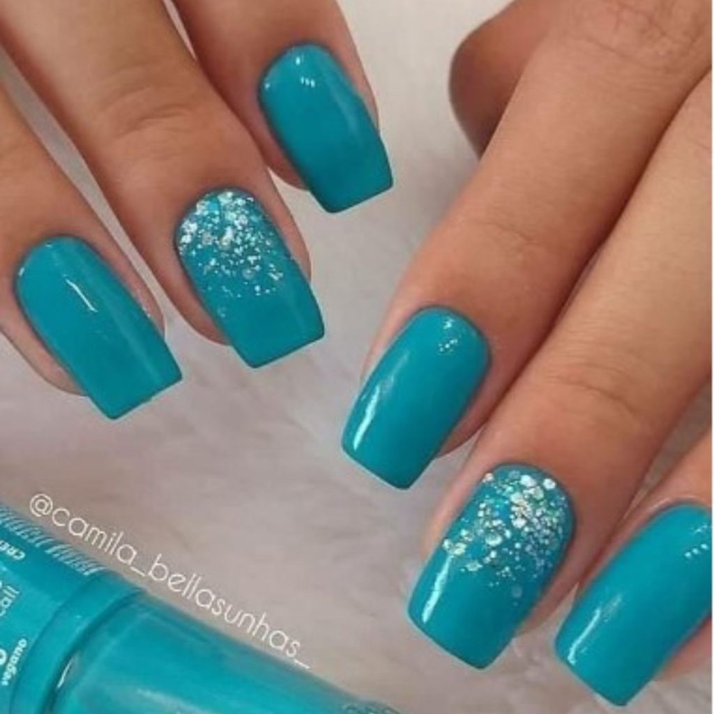 Teal Nails With Sparkle