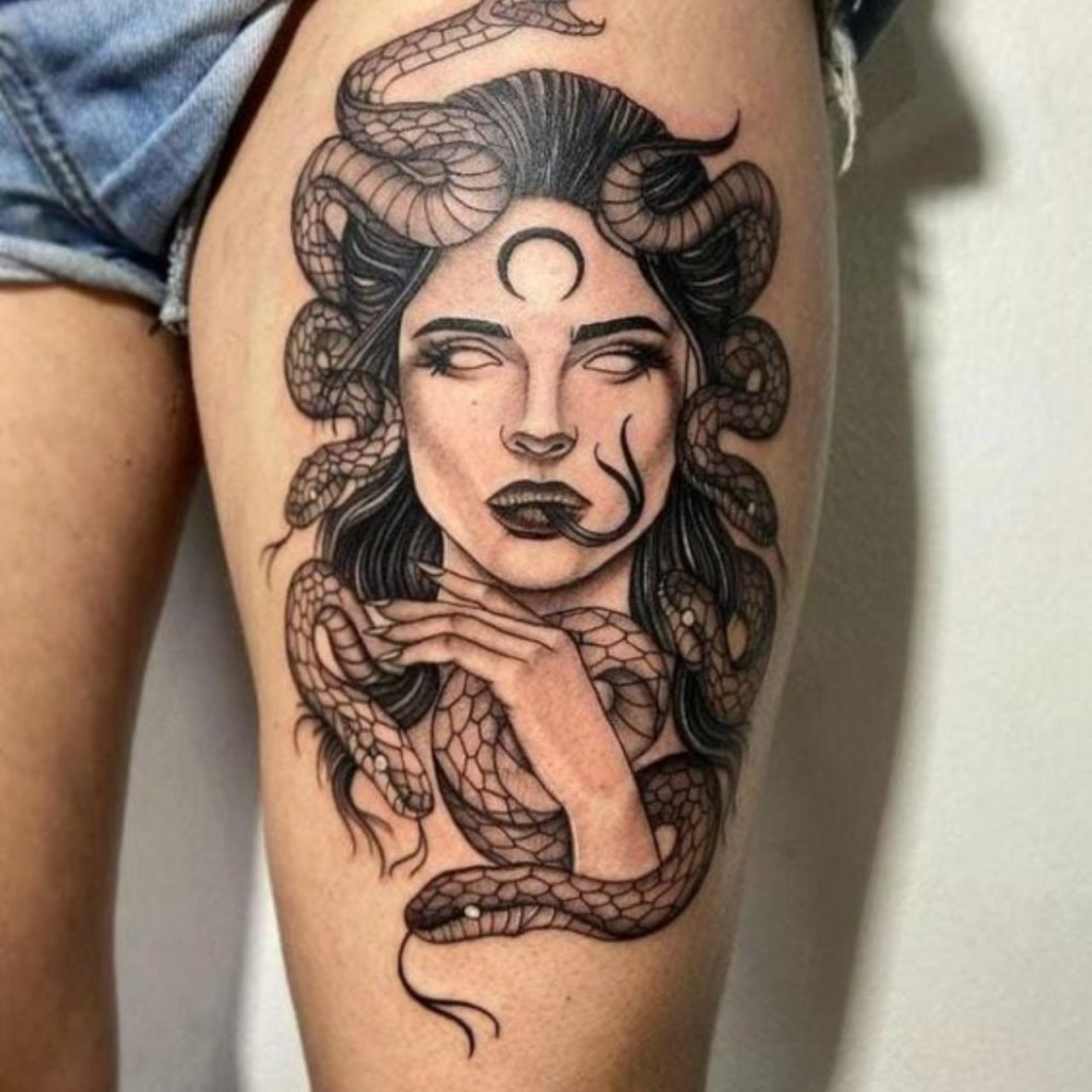 Thigh Medusa Tattoo for Bold Look