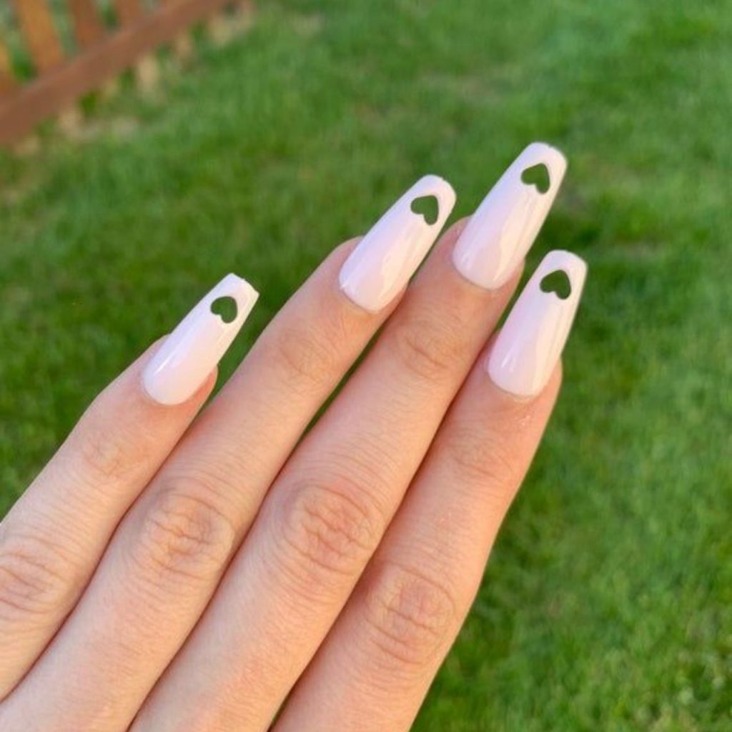 White Cutout Heart Nail Designs for Chic Look