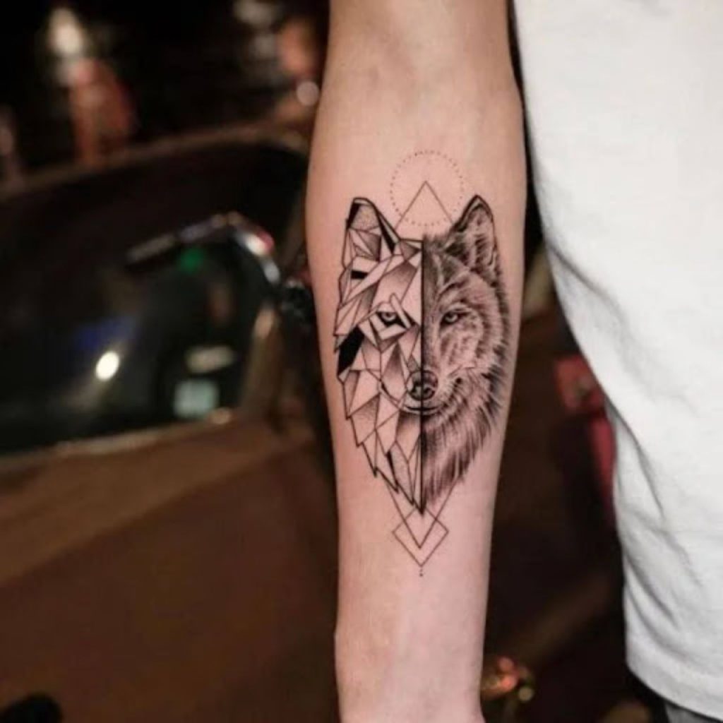 Two-Sided Wolf Geometric Tattoos for Men