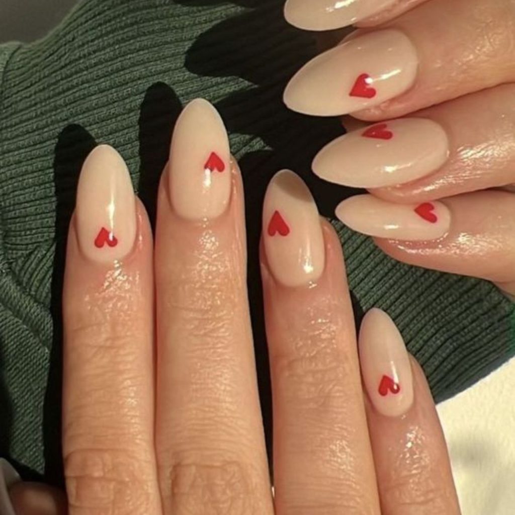 White Coquette Nails with red heart