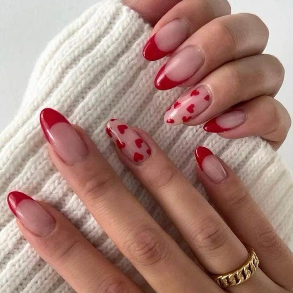 Red tips and read heart nail design