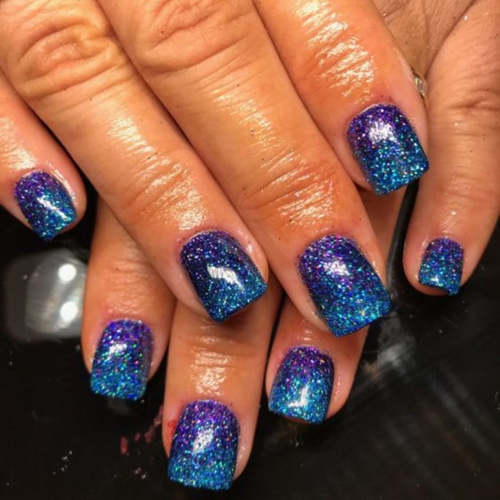 Glittery Purple Teal Nails for Refreshing Look