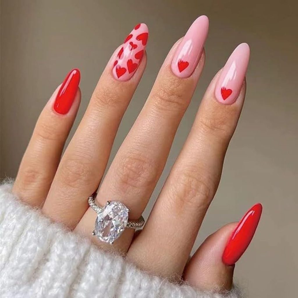 Sweet Candy Red and Pink Hearts nail design