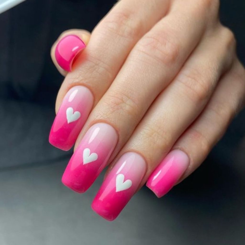 Pink Ombre White Heart Valentines Day Nails for Your Magical Manicure Design