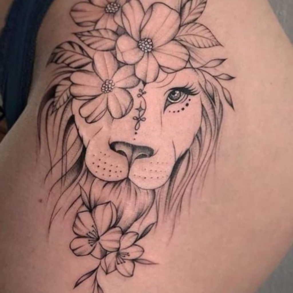 Half Lion half flower Shoulder Tattoo Designs for Female