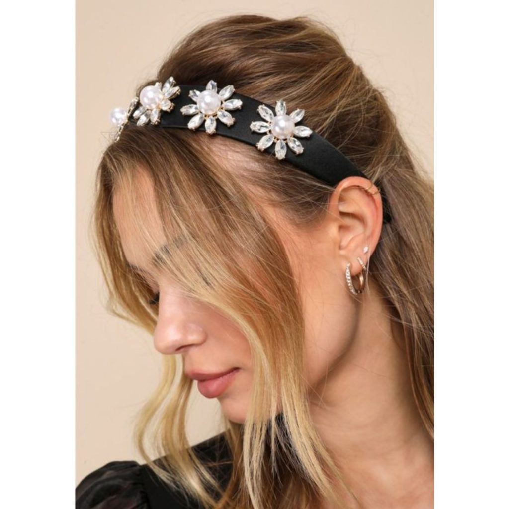 Black Headband with 3 White Metal Flowers