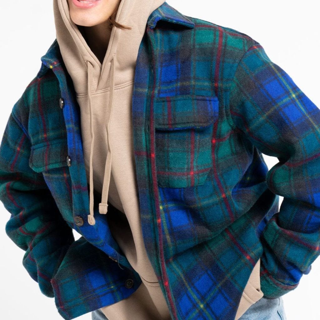 Women wearing Green and Blue checkered Flannel Jacket