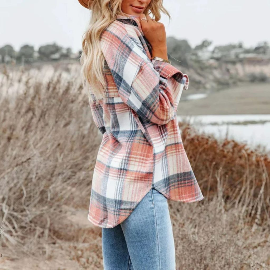 Female wearing checkered Fitted Flannel Jacket