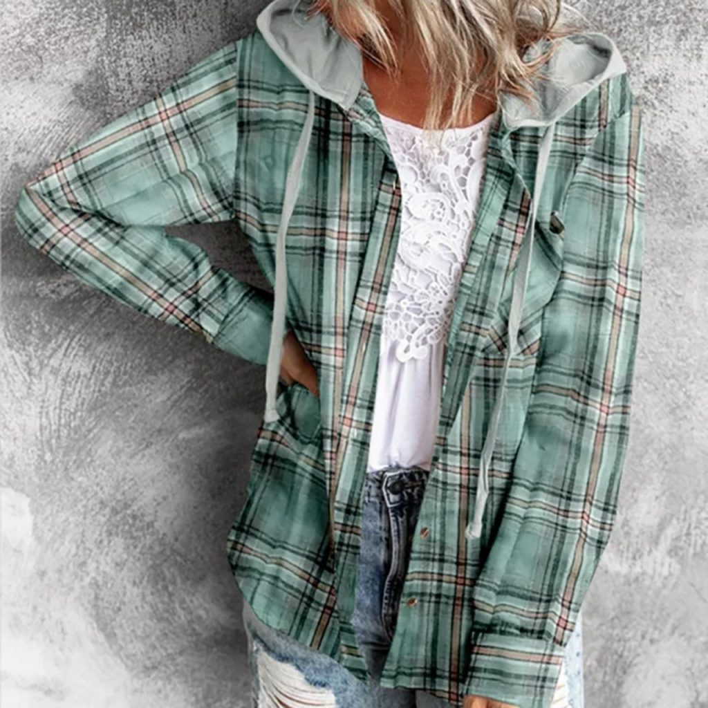 Female wearing green checkered Flannel Jacket with Fur Hood