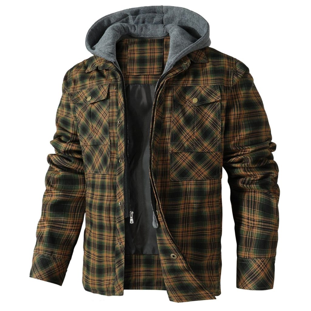 brown and black Hooded Flannel Jacket