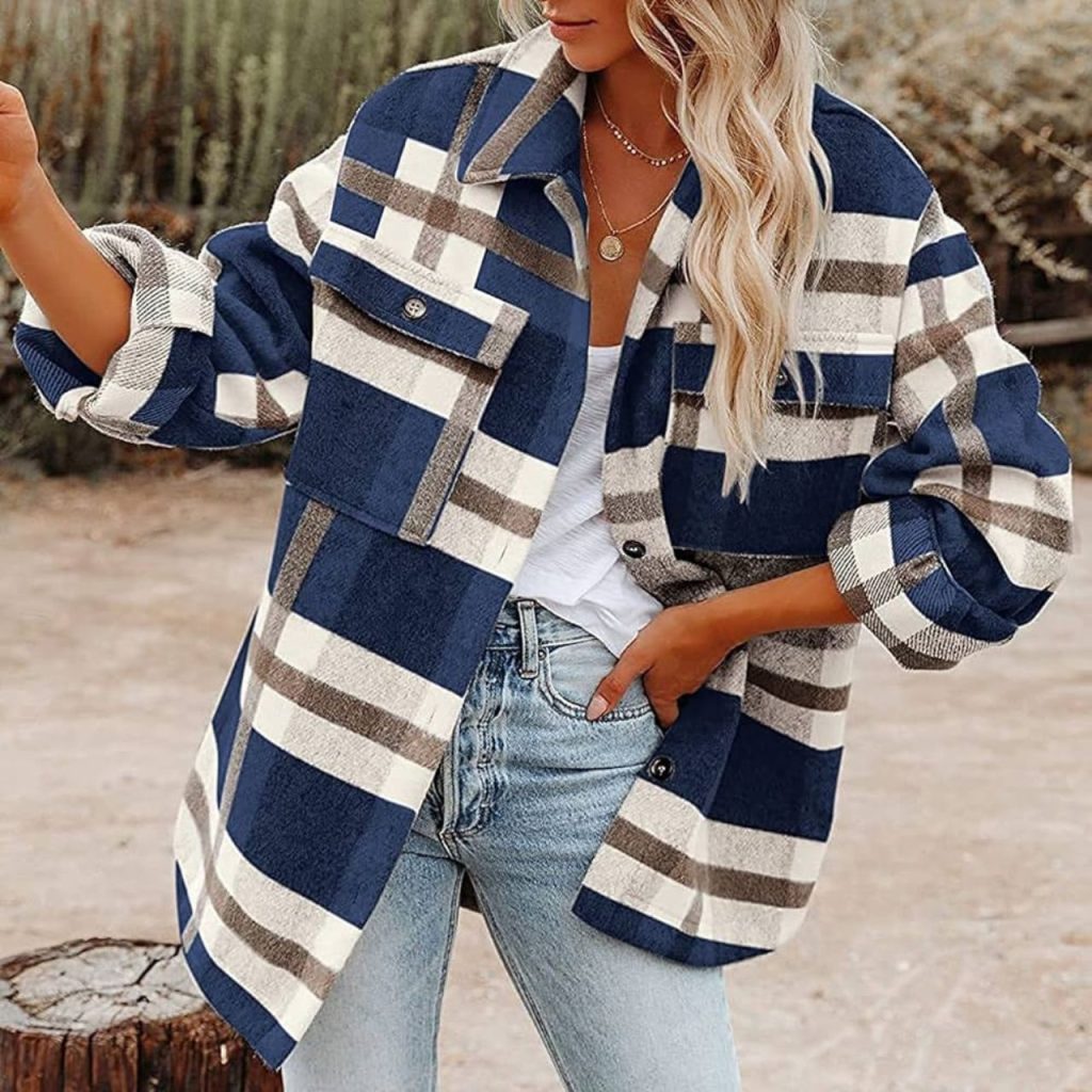 Female wearing blue and white checkered oversized Flannel Jacket